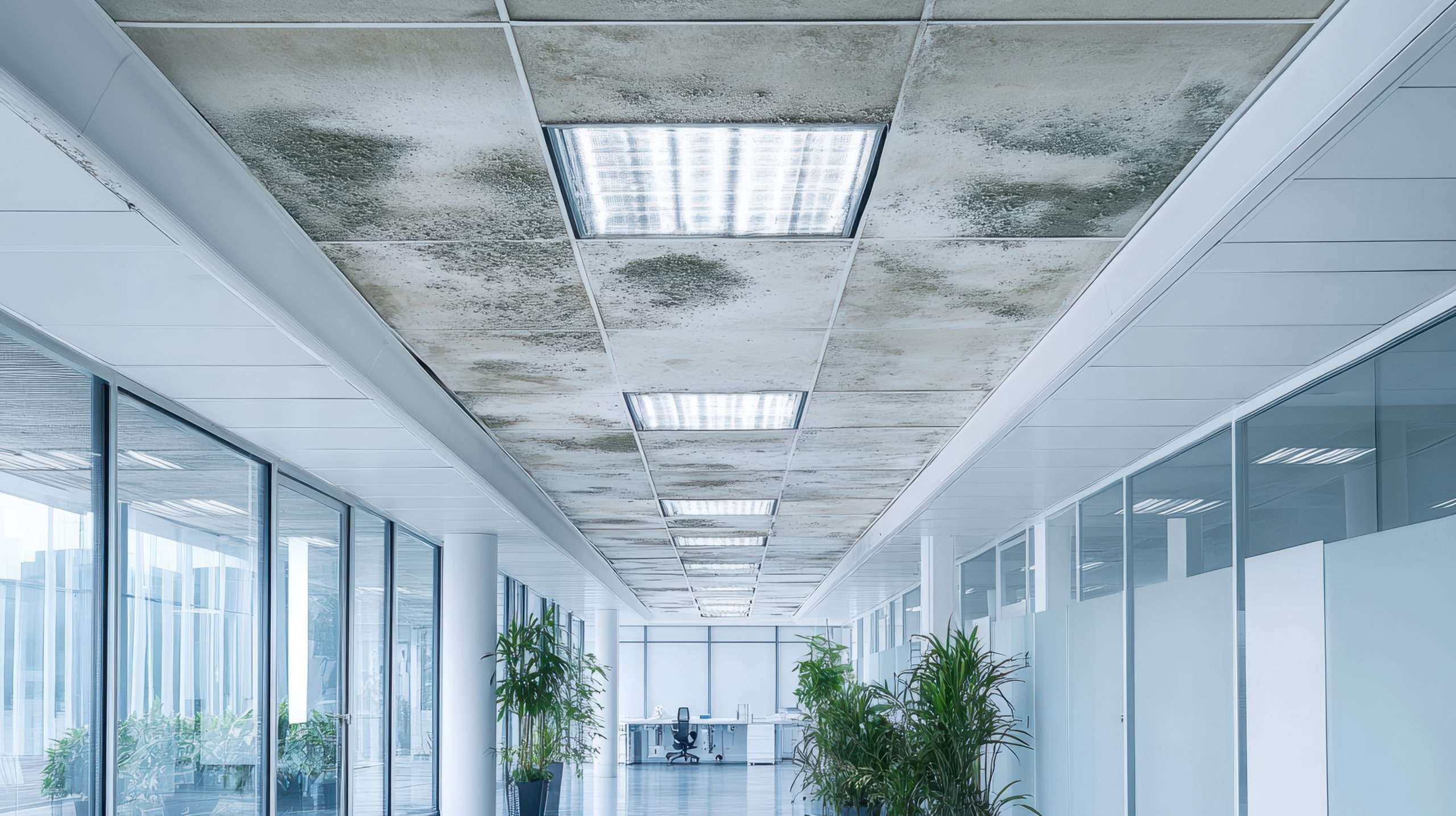 HVAC condensation leak detection sensor protecting commercial ceiling from water damage